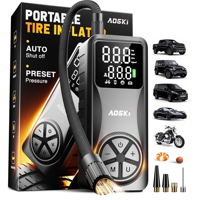 Compresor de aire portátil con inflador de neumáticos AOSKI, 150 PSI, inalámbrico