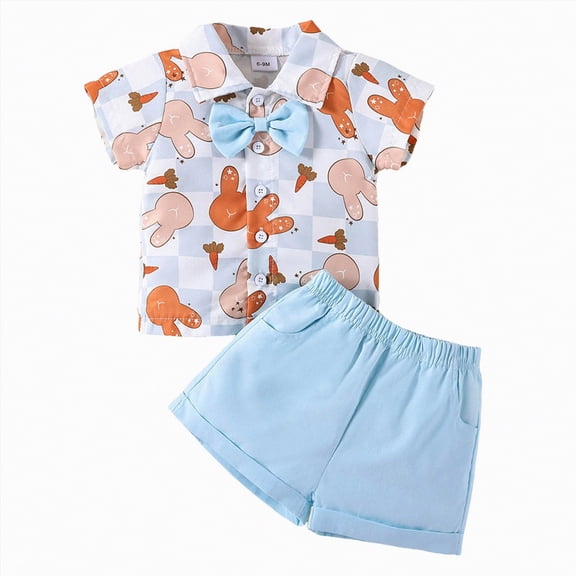 Toddler Boy 2 Piece Clothing Sets Rabbit Print and Bow Tie Button Down Shirt with Matching Shorts Little Boy Easter Clothes