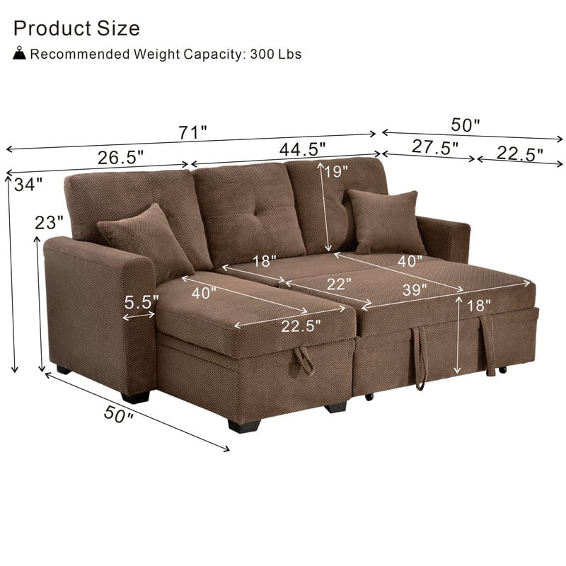 L-Shaped Sectional Sofa with Pull-Out Bed and Reversible Chaise, Convertible Sleeper Sofa Bed Modern Couch Bed for Living Room Apartment
