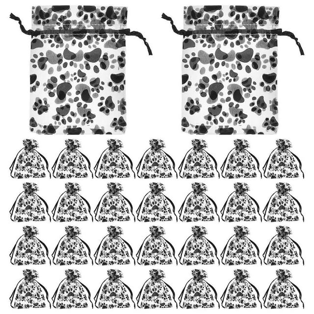 50pcs Paw Print Organza Bags Jewelry Drawstring Bag Dog Toy Storage Bag Transparent Gauze Bag for Jewelry Birthdays Party Favors