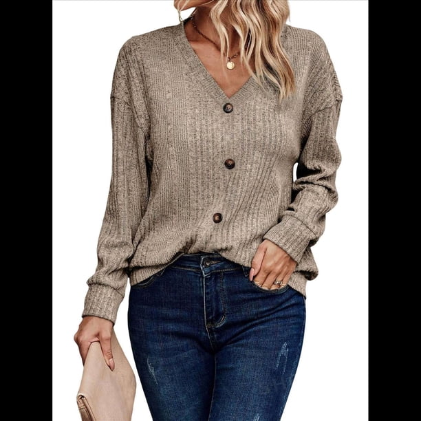 Camisetas de Larga para Mujer, Blusas Tipo Túnica con Cuello en V, Elegantes, Informales, Acanaladas, Holgadas y Cómodas, para . Caqui M