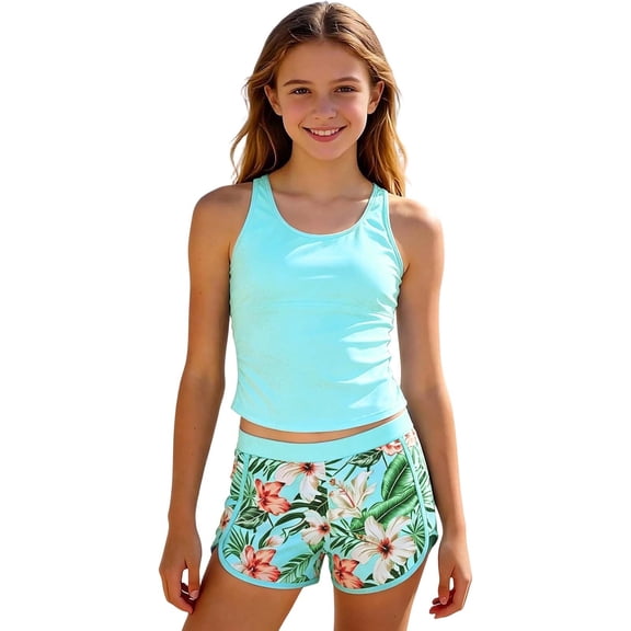 Kiijoy Girls 3-Piece Tankini Swimsuit with Boyshorts UPF 50 Bathing Suits, Sizes 7-16