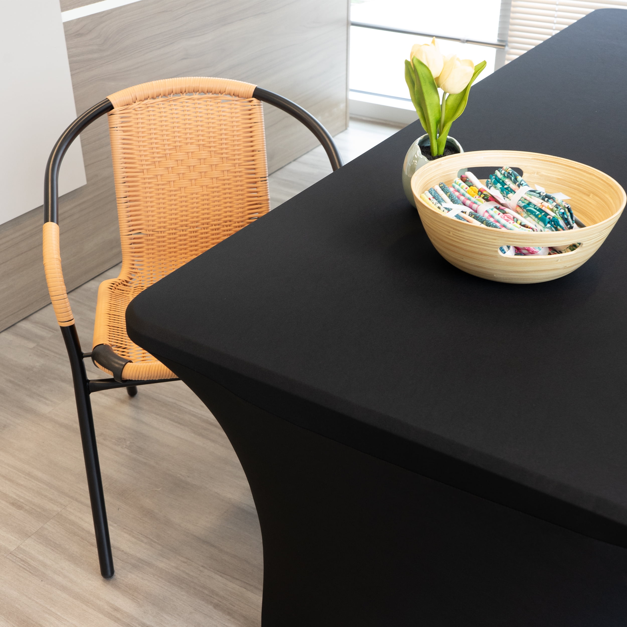 RTC Group Spandex Fitted Stretch Rectangular Tablecloth Table Cover 6 ft, 72 x 30, Black, 1 Pack