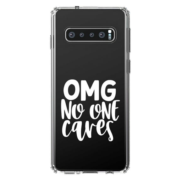 DistinctInk Clear Shockproof Hybrid Case for Samsung Galaxy S10  PLUS (6.4" Screen) - TPU Bumper Acrylic Back Tempered Glass Screen Protector - OMG No One Cares - White