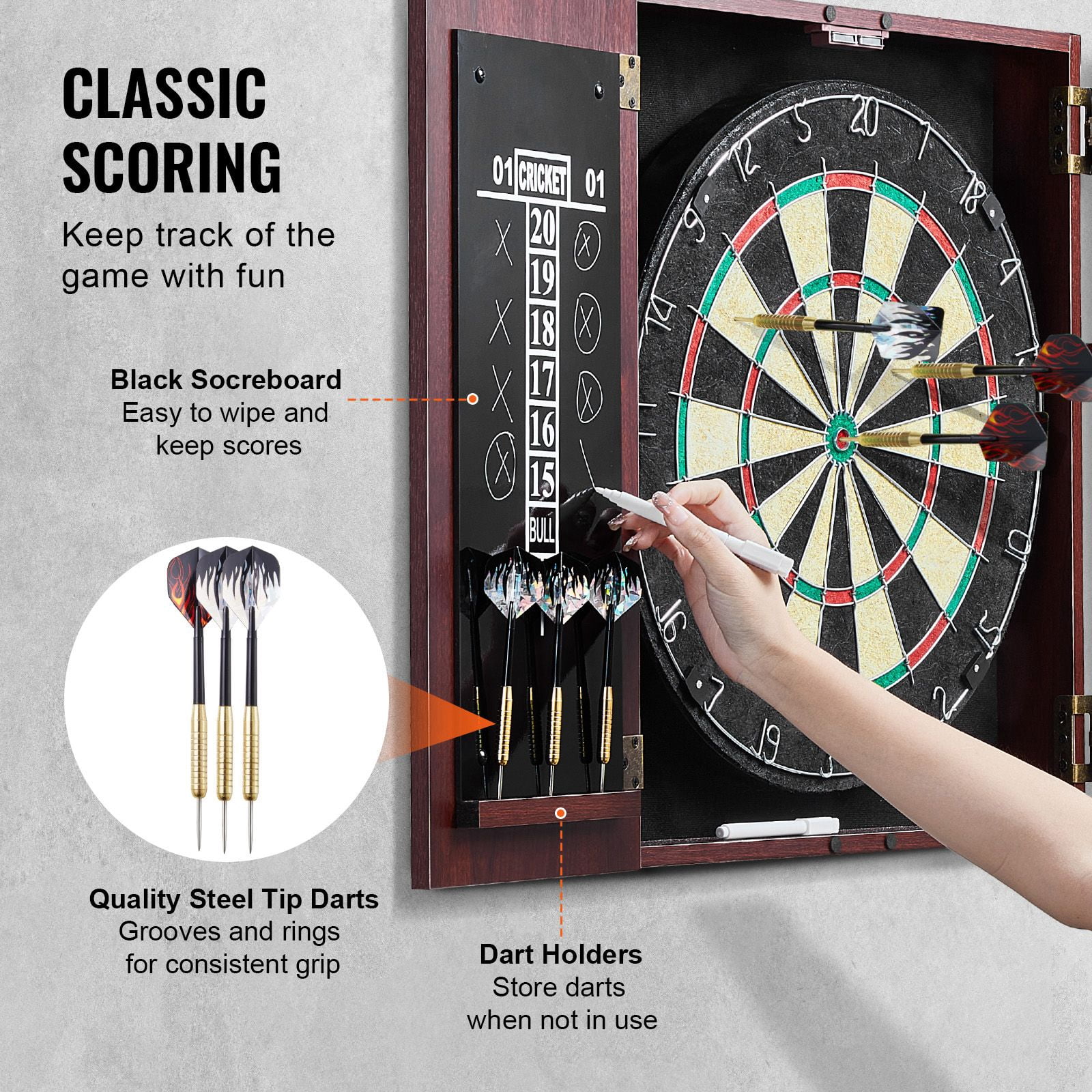 Dartboard Cabinet Set Steel Tip, Official Size Dart Board with Accessories - Home Game, Family Fun, Retro Wood Cabinet