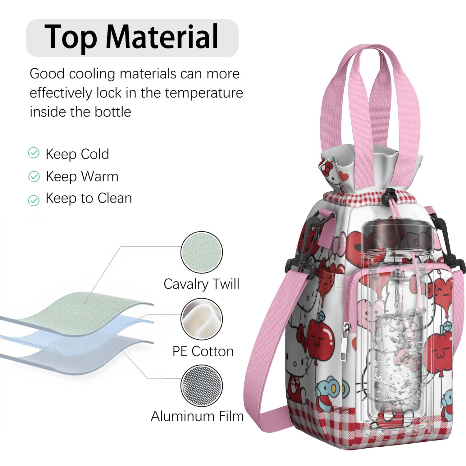 Insulated Water Bottle Carrier Bag Sleeve with Strap Crossbody for 20/24/32/40oz Tumbler,Hello Kawaii Cat Cute Water Bottle Holder Sling Bag with Pocket Gifts for Women Men Adults