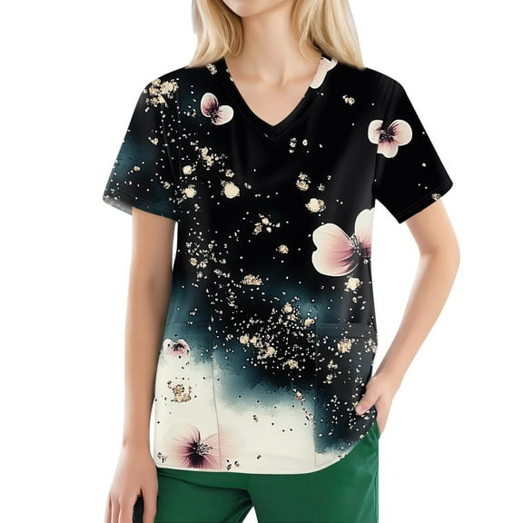 Uniform Scrubs for Women,Floral Print V-Neck Scrubs - Antimicrobial Fabric with Hidden Pocket - Black - S