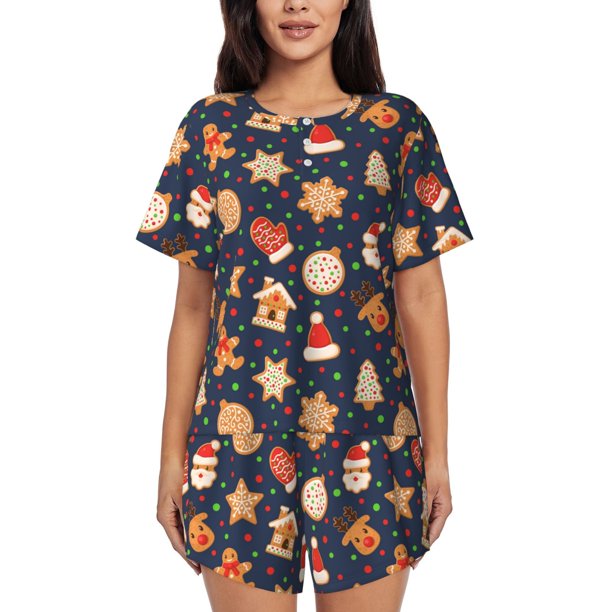 Balery Holiday Gingerbreads Conjunto de Pijama para Mujer con Estampado, Dos Piezas de Manga Corta y Shorts, Ropa de Dormir Suave con Cuello Redondo y Bolsillos-Large