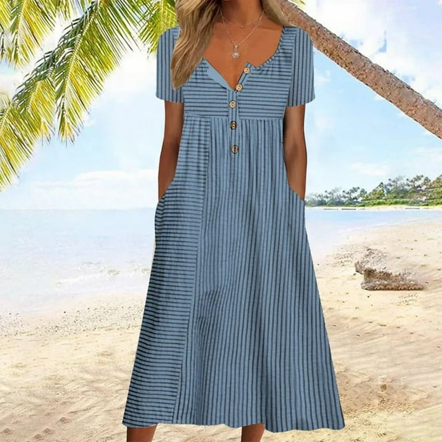 Jienlioq Robe de Soirée pour Femmes Col en V Manches Courtes Longue Rayée Ample Décontractée et Confortable avec Poches