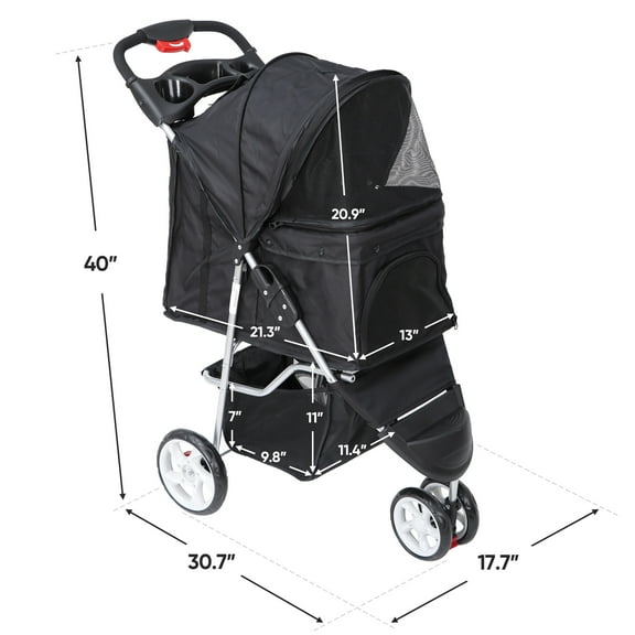 ZENSTYLE Foldable Dog Stroller 3 Wheels Pet Stroller for Dog / Cat Durable Travel Carrier With Storage Basket - Black