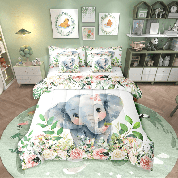 Manfei Kawaii Elephant 7-Piece Twin Bedding Sets,Pink Flower Bedding Comforter Set,Floral Animal Breathable Sheet Sets,Super Cozy Cartoon Room Decor,Reversible