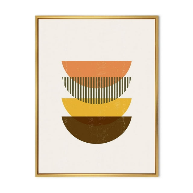Designart Abstract Geometric Half Moons In Earth Tones FLOAT FRAME WALL ART with four stacked half-moon shapes in orange, olive green with vertical stripes, yellow, and brown on a beige background, printed on premium cotton canvas and gallery-wrapped with a 1-inch wood floating frame, ready to hang and ideal for modern home décor.