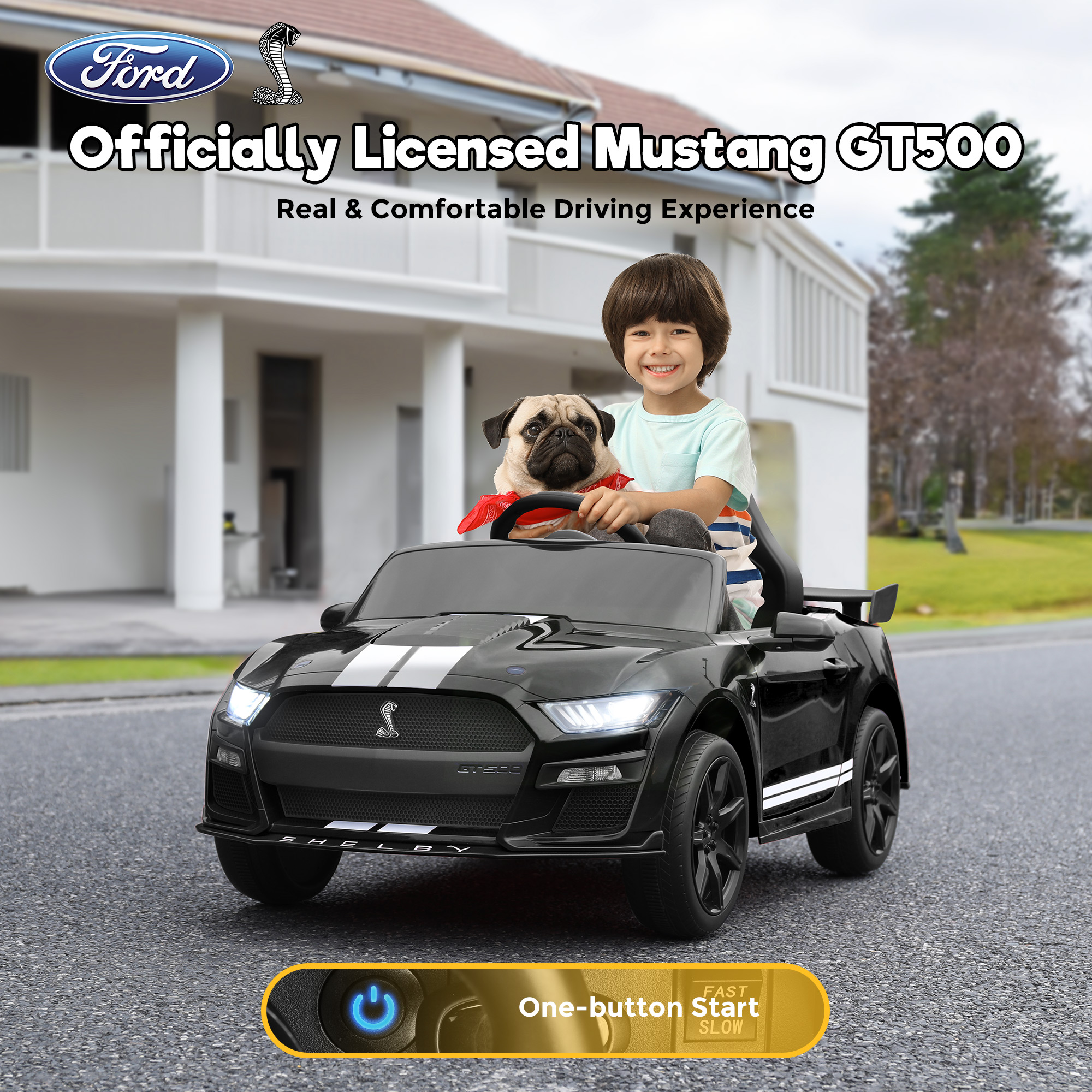 FUNTOK Licensed Ford Mustang GT500 12V 7AH Kids Electric Ride on Car Toy,16" Seater Battery Powered Car Truck with Remote Control,Bluetooth,3 Speeds,LED Headlight,Music Player & Spring Suspension