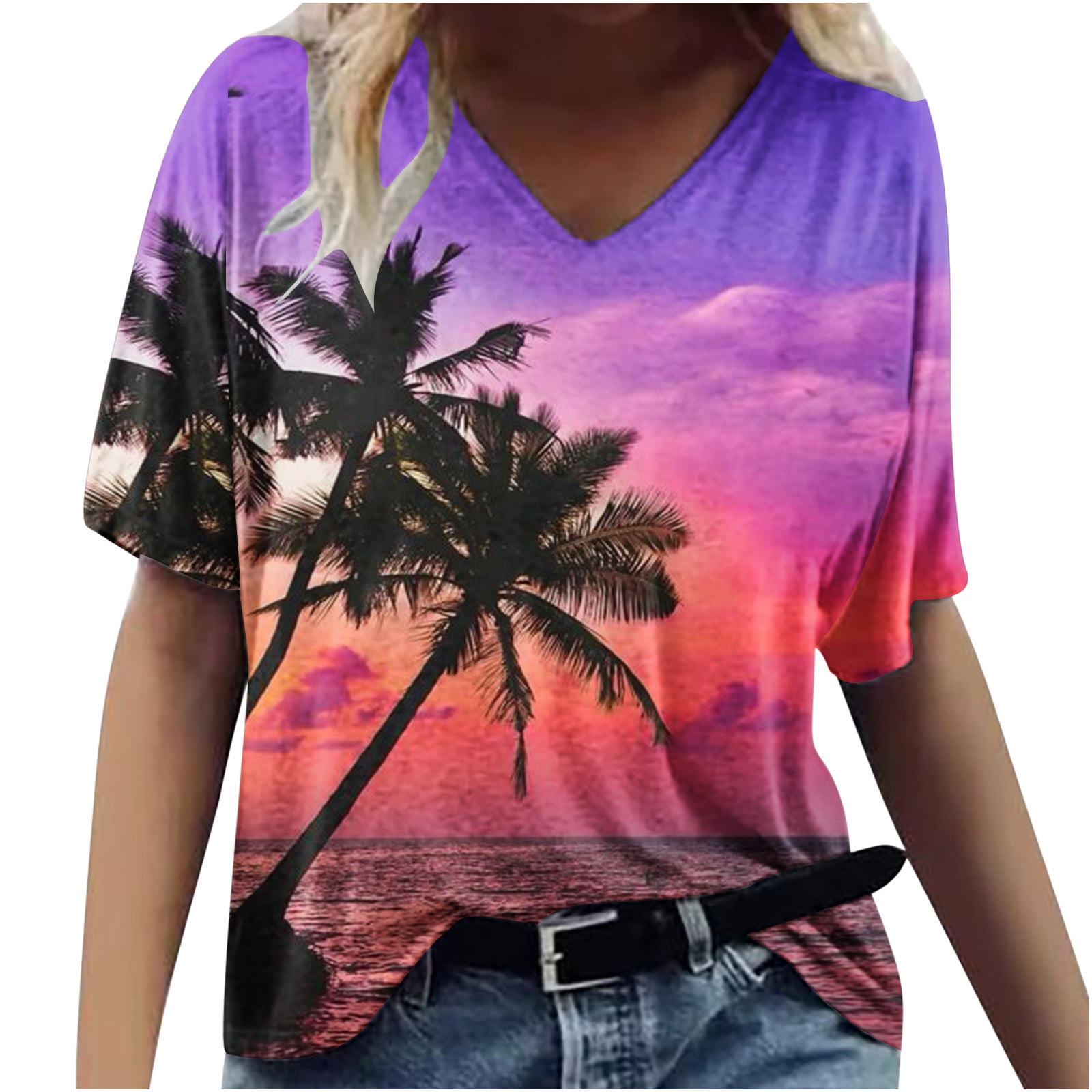 ZQGJB Women Casual Summer Tropical Pattern T-Shirts Trendy Palm Tree Sunset  Graphic Short Sleeve V Neck Tee Shirts Loose Relaxed Fit Oversized Tunic  Blouse Pink L 