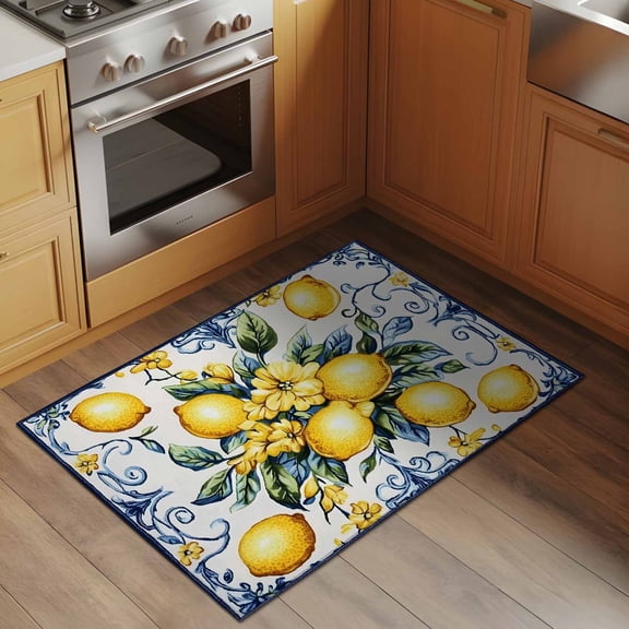 Yellow Lemon 2x3 Rug for Entryway Front Door Kitchen Sink Area, Watercolor Fruit Vintage Flower Leaf Blue Low Pile Washable Non Slip Rectangle Area Rug