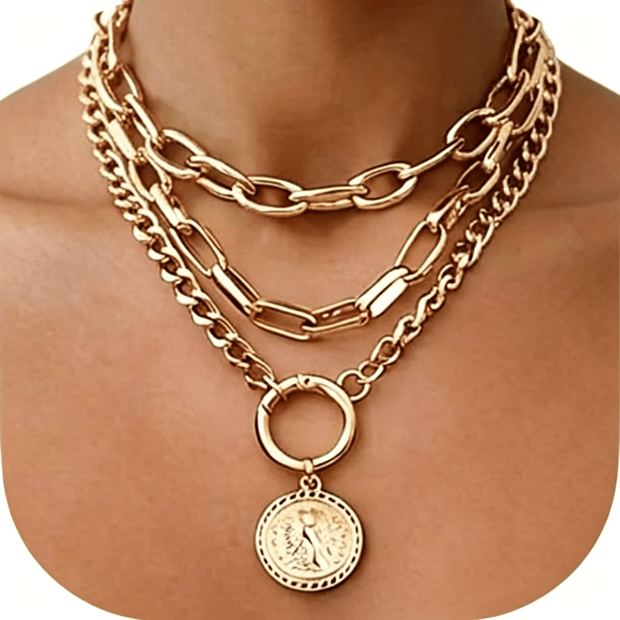 DESIGNICE Vintage Gold Layered Necklaces for Women Trendy, Chunky Cuban Link Paperclip Chains Necklace Stack, Coin Pendant Necklace Set Jewelry Gifts