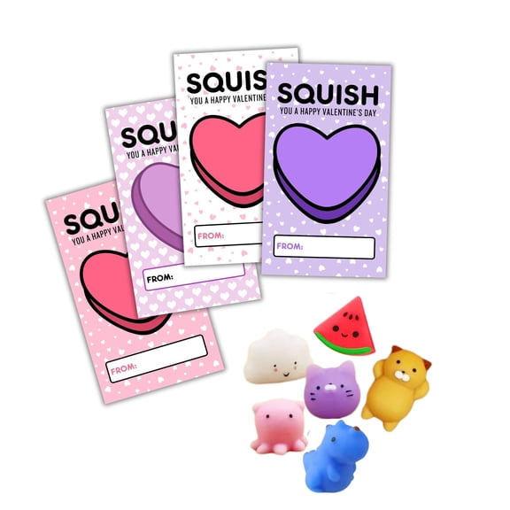 Squish You A Happy Valentines Day Valentines Cards 24 Cards & Squish Gifts Classroom Favors Valentine Vday Party Desk Pet Teacher Gift to Class