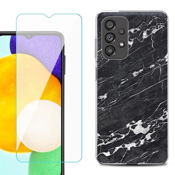 Slim-Fit Gel TPU Phone Case for Samsung Galaxy A23 5G, with Tempered Glass Screen Protector, by OneToughShield ® - Marble B/W