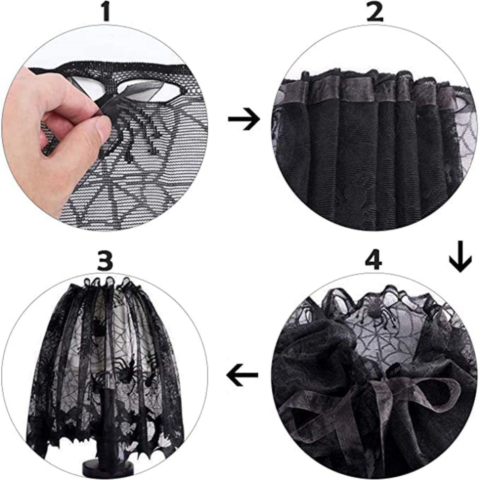 Halloween Lamp Shade Cover (1-4 Pcs) – 20"x60" Black Lace Spider Web Lampshade Topper with Ribbon for Fireplace, Window, Door – Spooky Indoor Party Decorations