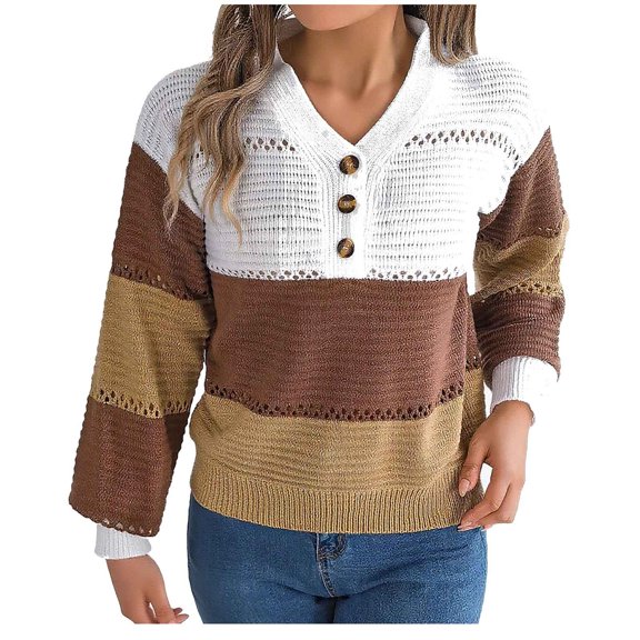 TFEOQRY Women's Striped Crochet Sweater V Neck Button Front Long Sleeve Pullover Loose Casual Fall Winter Top Coffee