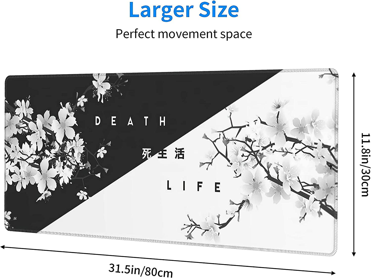 Black White Cherry Blossom Mouse Pad Japanese Sakura Death Life Extended Desk Mat 80X30 cm Non-Slip Rubber Base Stitched Edge Large XL Playmat&nbsp;for Gaming Laptop Computer PC Desktop,31.5×11.8 Inch
