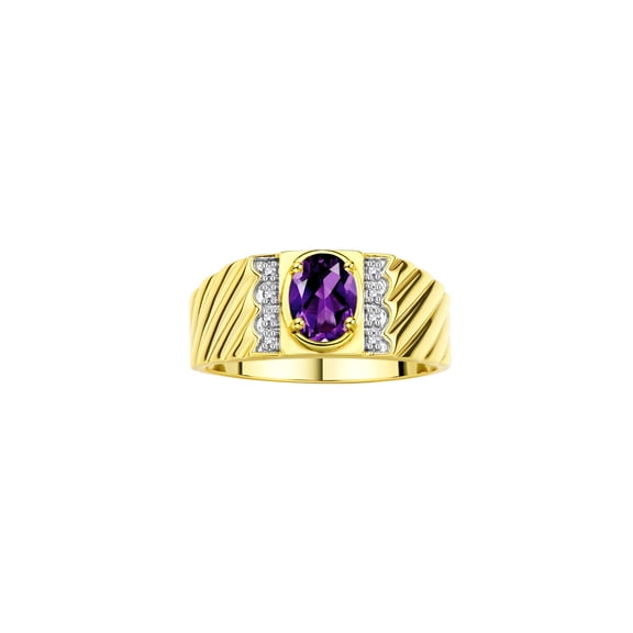 Rylos Yellow Gold Plated Silver Classic 8X6MM Oval Amethyst & Sparkling Diamond Ring - Birthstone Jewelry for Men -Size 8