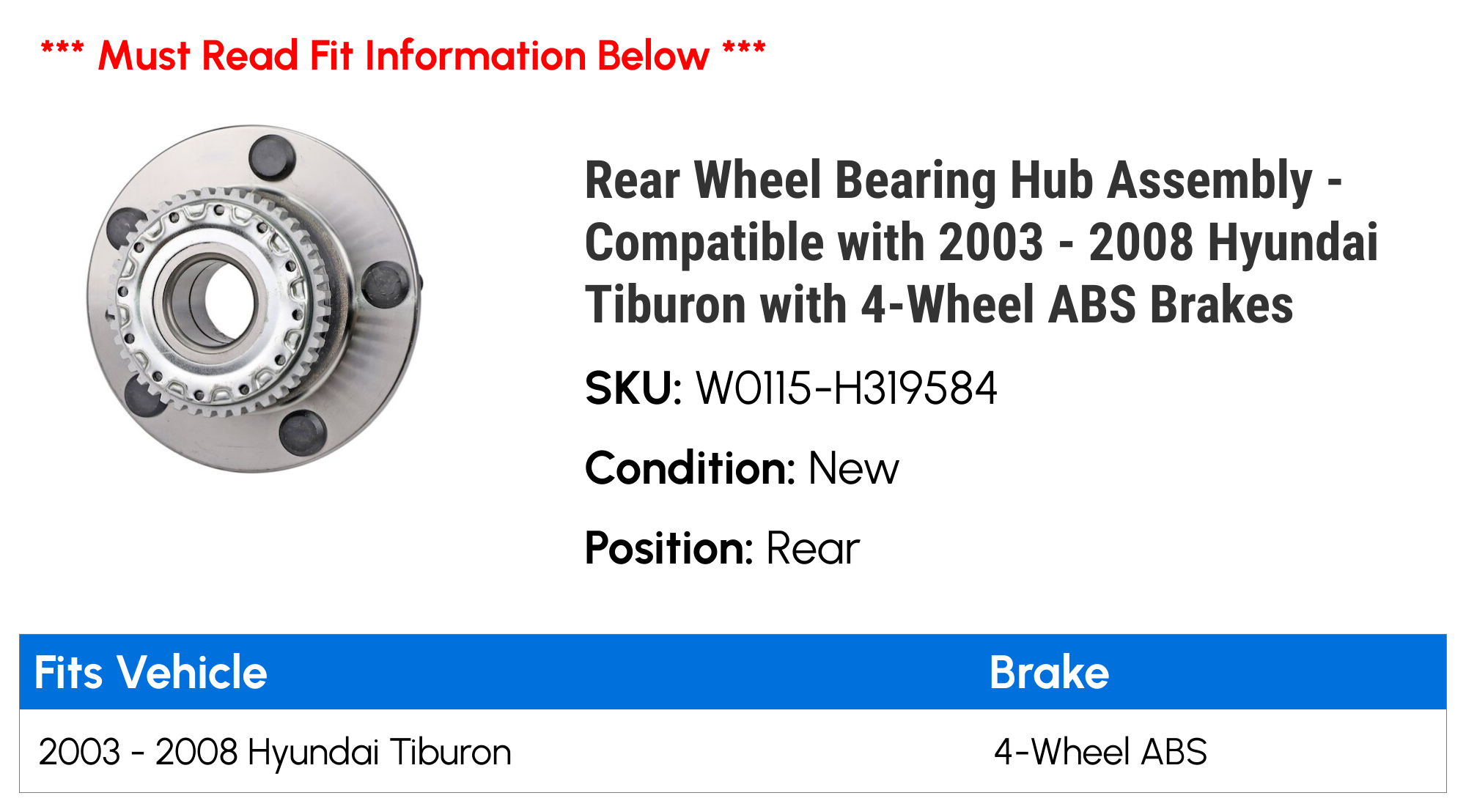 Rear Wheel Bearing & Hub Assembly For 2003-2005 Hyundai Tiburon (w/o ABS) – Detroit Axle