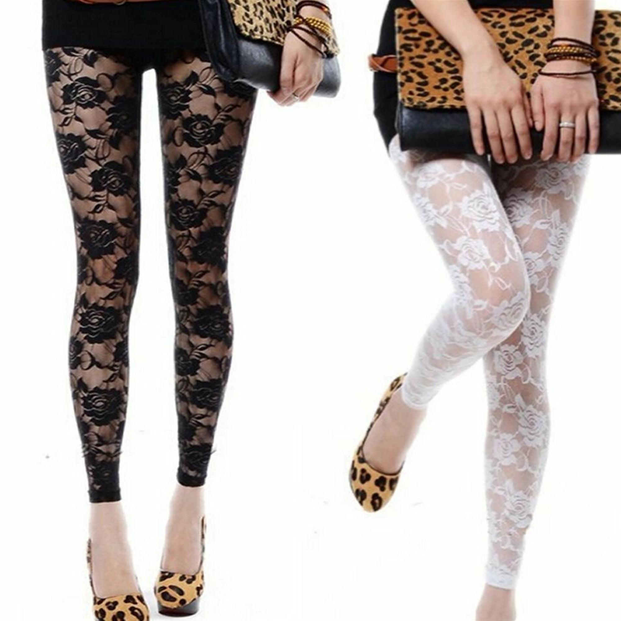 Lace Embroidery Womens Leggings Tights, Black Sexy Transparent