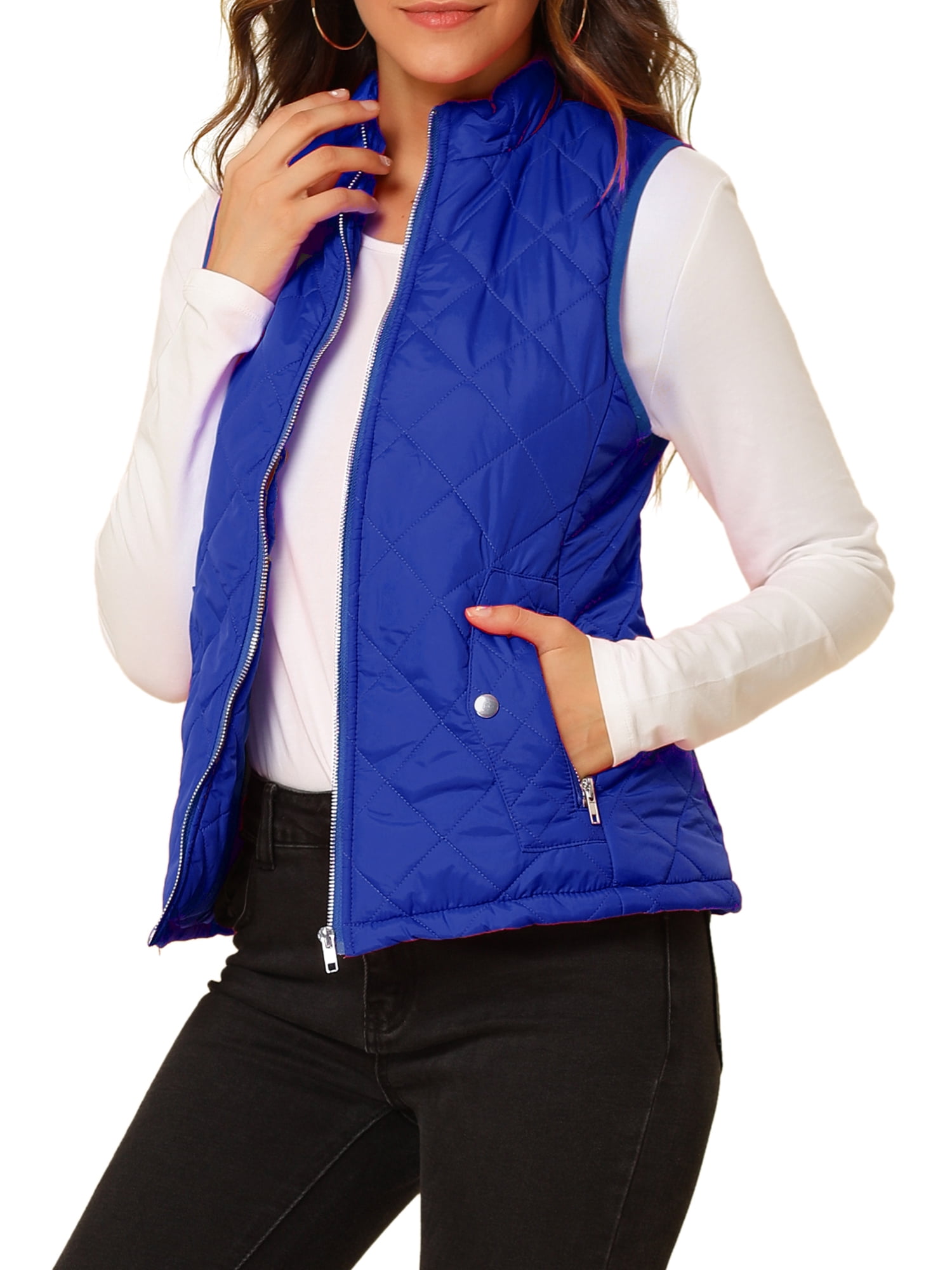 DARING DIVA Women's Zip Stand Collar Quilted Padded Vest S Bright Blue