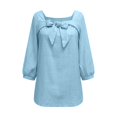 thumbnail image 6 of Linen Tops for Women Bow Tie Front Neck 3/4 Puff Sleeve Casual Blouse Loose Fit Soft Summer Daily Tops by Yigetop Sky Blue XL, 6 of 6