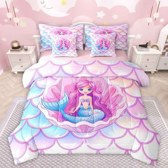 Manfei Child Teens Kawaii Mermaid Princess Twin Bedding Sets 7-Piece,Cartoon Animal Bedding Comforter Set Microfiber,Dreamy Gradient Breathable Sheet Sets,Microfiber Bedroom Decor,Reversible
