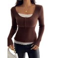 thumbnail image 2 of Lace Henley T-Shirts for Women Button Down Slim Fit Tops Long Sleeve V-Neck Tunic Top Blouse Brown XL, 2 of 9