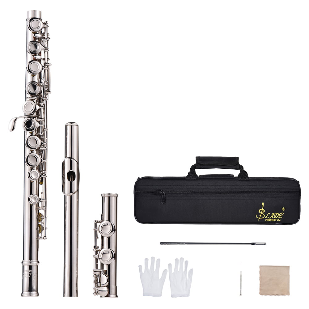 summina Closed Hole C Flute 16 Keys Cupronickel Nickel-plated Wind Instrument with Carry Case Flute Stand Gloves Cleaning Cloth Mini Screwdriver Cleaning Rod 