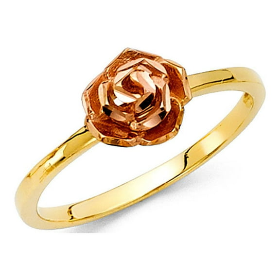 Solid 14k Yellow Rose Gold Rose Ring Flower Band Diamond Cut Stylish Design Two Tone 8MM, Size 7