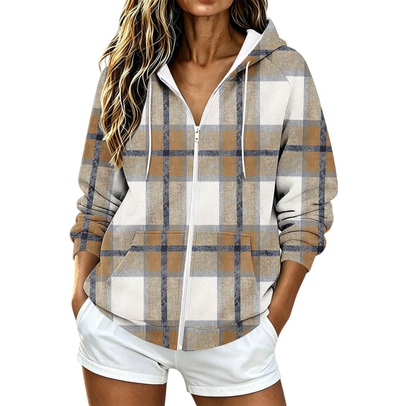 cocolona Womens Plaid Hoodies Casual Long Sleeve Zipper Vintage Sweatshirts Hooded Drawstring Fall Trendy Outfits