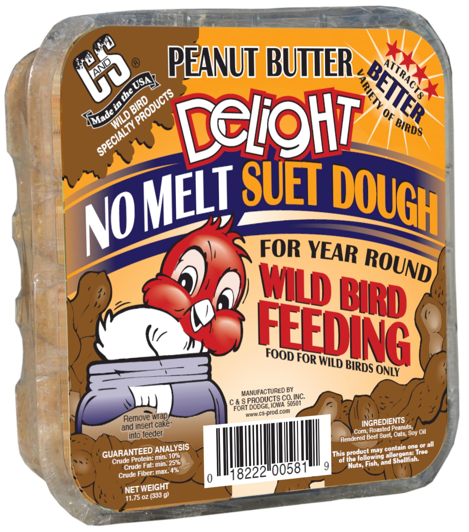 C&S Peanut Butter Delight Suet, 11.75 oz, Dry Wild Bird Feed, 12 Pack