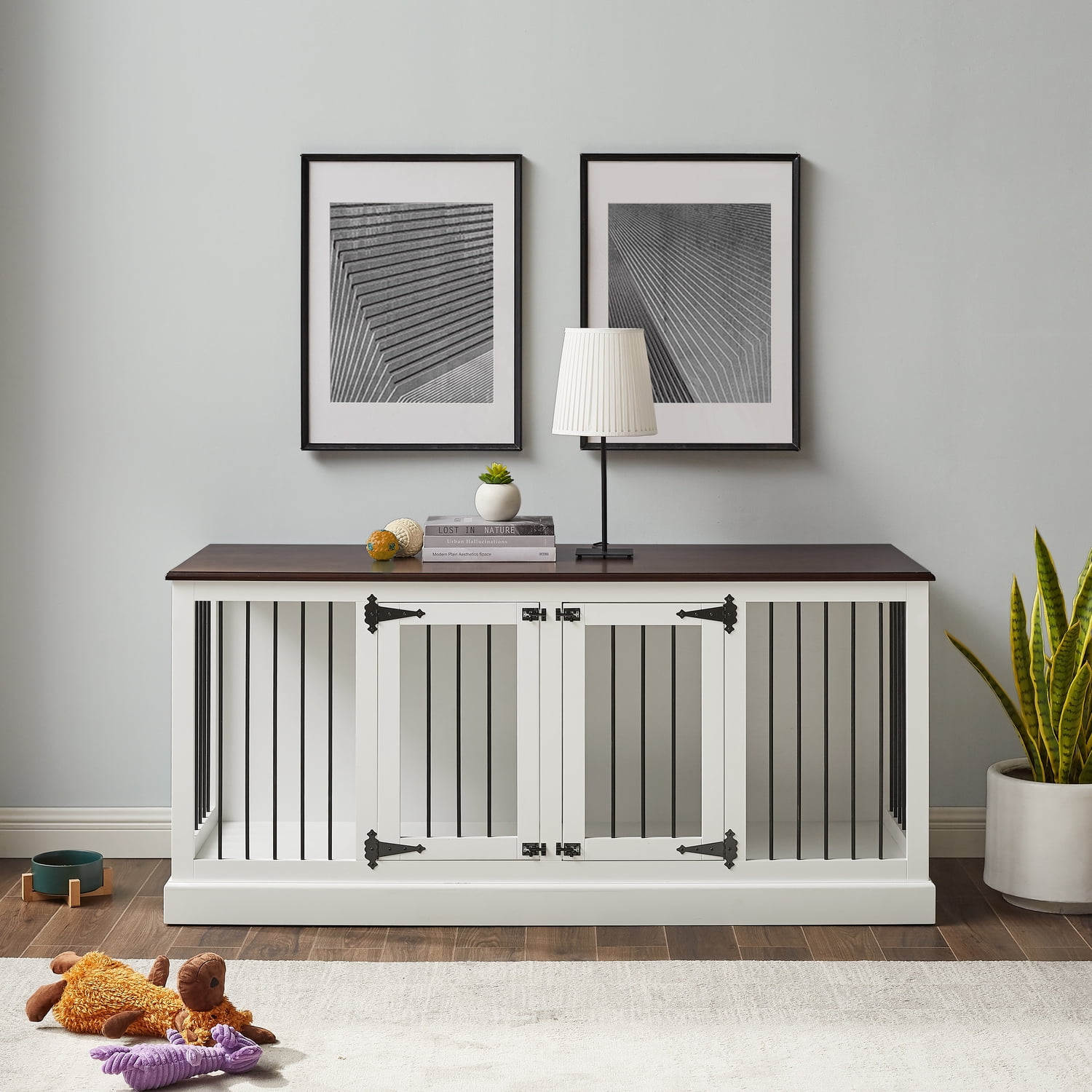 Vintage Pet Crate Credenza - Medium Console Table for Dogs & Cats - Traditional Design - White/Dark Brown
