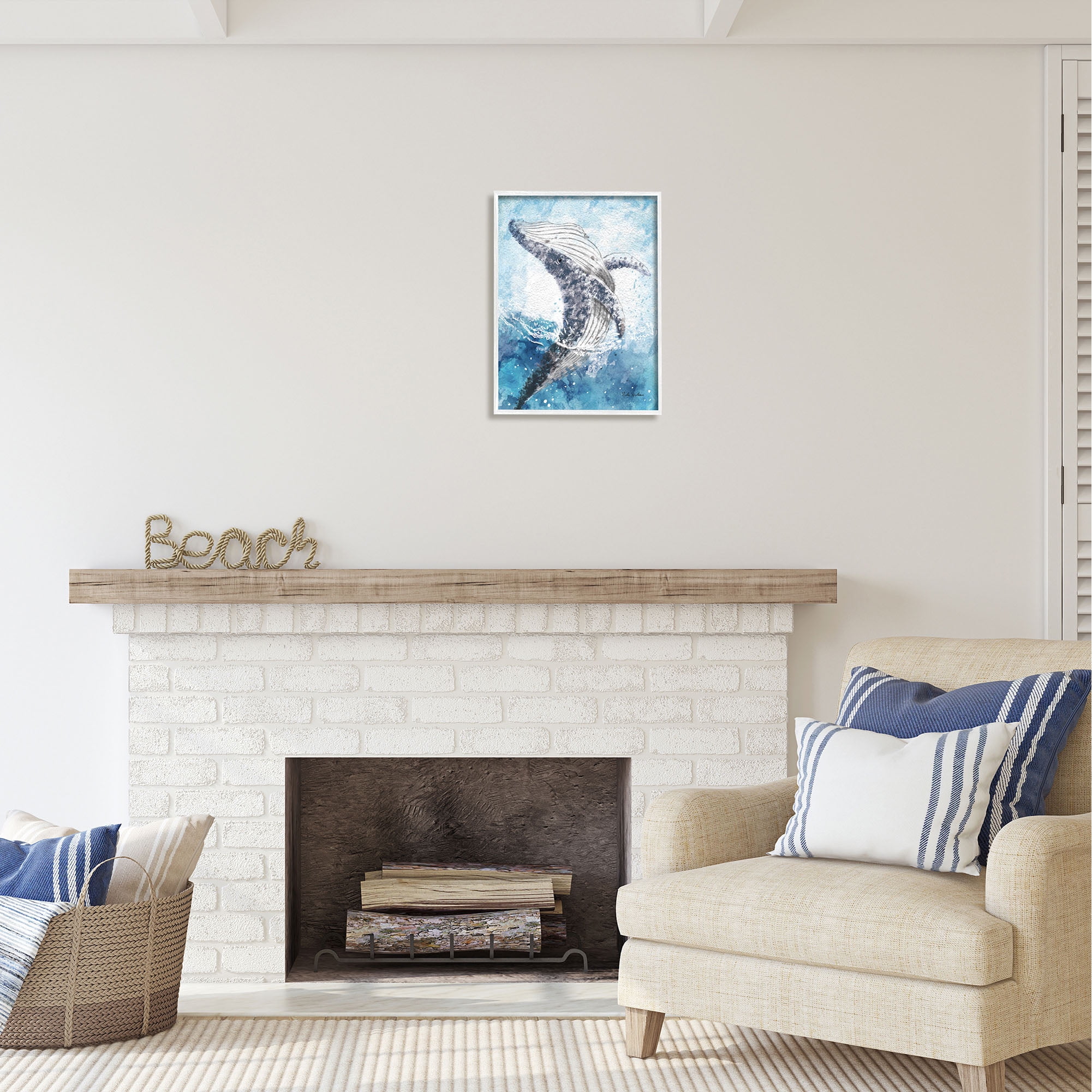 Stupell Industries Splashing Marine Whale Animals & Insects Painting White Framed Art Print Wall Art, 16 x 20