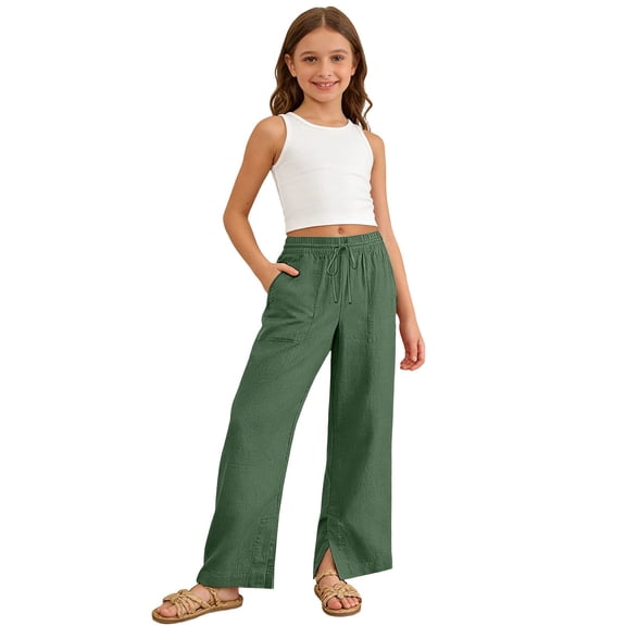 SONXAHE Big Girls Solid Color Pants Elastic Waist Loose Fit Breathable Drawstring Casual Daily Trousers,Green