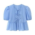 thumbnail image 1 of cfhntfmh Hauts d'Été pour Femmes Mode Col Rond Nœud devant Manches Courtes Bouffantes Chemises Babydoll Blouses Décontractées Amples, 1 of 4