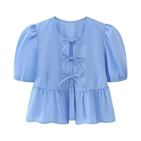 Womens Bow Tie Front Cute Babydoll Tops Puff Sleeve Summer Loose Peplum Ruffle Blouse Y2K Lace Up Going Out Shirts