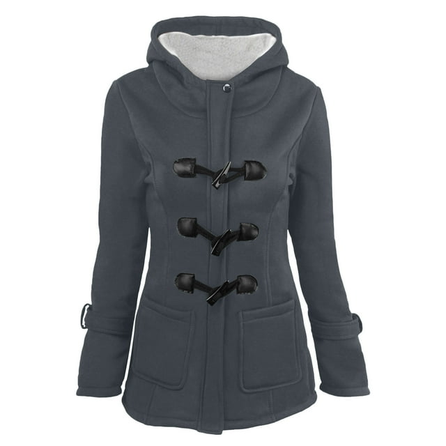 Winter Coats For Women Solid Color Horn Buttons Cardigan Padded Hooded Coat Jacket Overcoat