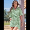 thumbnail image 4 of Mono Corto Informal de Verano A Rayas para Mujer, de Corta, con Botones y Cinturón, con Cintura Elástica. Verde M, 4 of 9