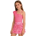 thumbnail image 2 of CUZIBR Kids Girls Swimsuits Two Piece Bikini Sets One Shoulder Ruffles Sleeveless Sport Bathing Suits With High Waist Pleated Skirts Cover Up Cozy Swimwear Beach Pool Beachwear,Hot Pink1,15-16 Years, 2 of 5