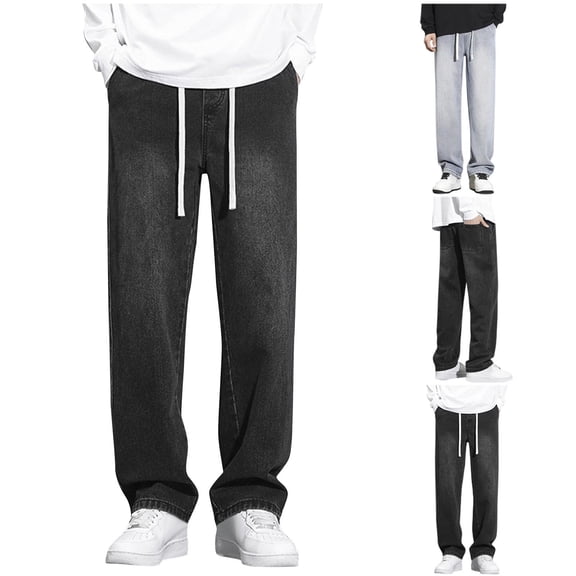 Pounoo New Jeans for Men Relaxed Fit Men's Fashion Casual Solid Color Cargo Zipper Pockets Elastic Waist Full Length Pants Wide Leg Pants Men Full Length Pants Gray L