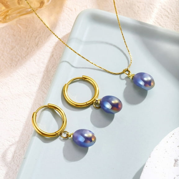 Sunyuer Gold Necklace Earrings Jewelry Set, Dainty Blue Pearl Pendant Choker Earrings, Minimalist Trendy Gold Jewelry Gift for Women