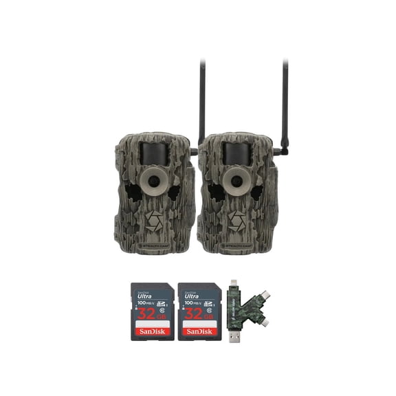 Stealth Cam 36MP Fusion Max Cellular Trail Camera with 80-Feet Detection Range (2-Pack) Bundle with 4-In-1 Card Reader and 32GB Ultra SDHC UHS-I Memory Card (2-Pack) (4 Items)