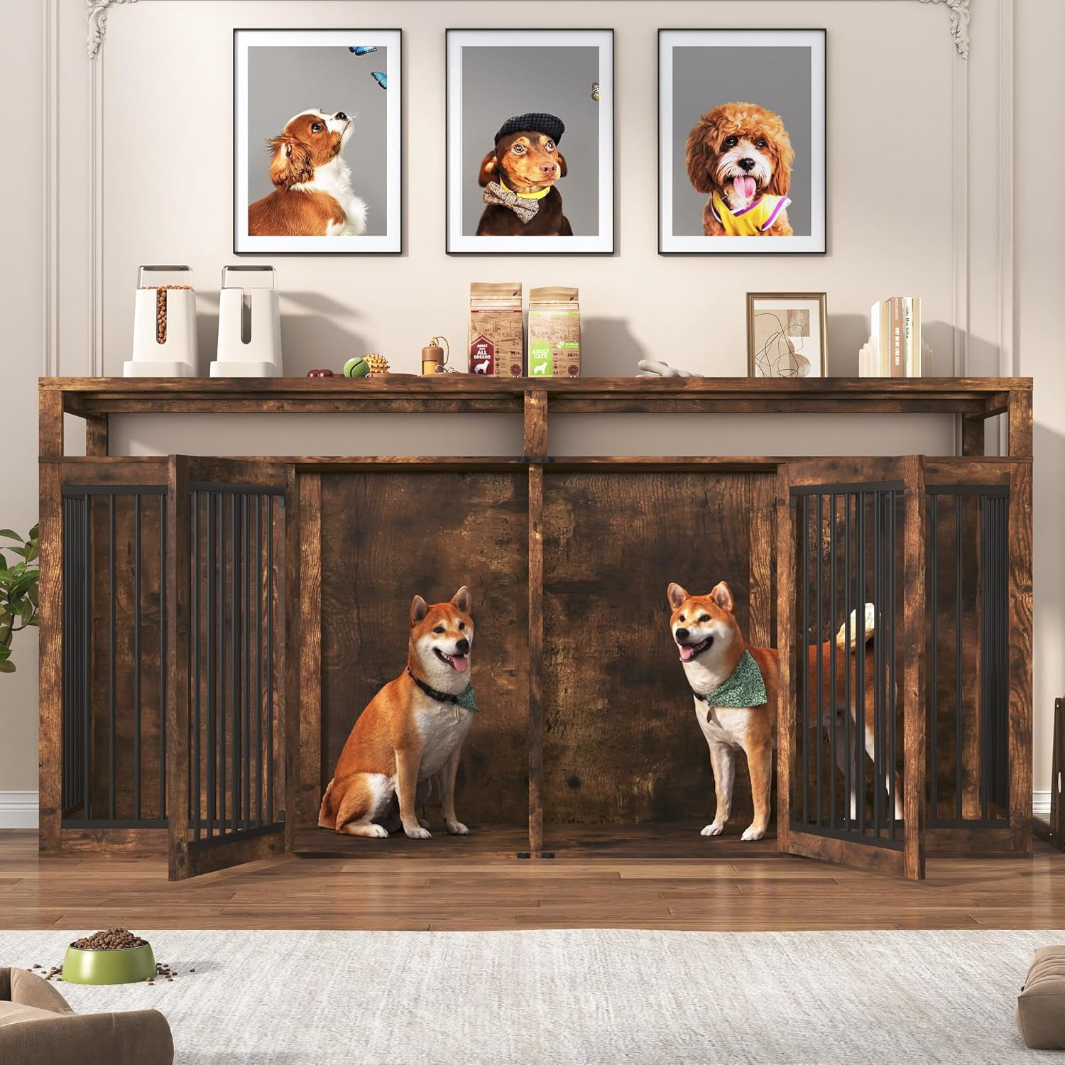 ChVans 87" Large Farmhouse Dog Crate TV Stand,Wooden Dog Crate Furniture with 4 Lockable Doors/Solid Metal Tube,XL-XXL Heavty Duty Dog Crates Furniture for 2 Medium or Large Dogs,Rustic Brown