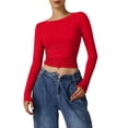 thumbnail image 2 of Women'S Crewneck Long Sleeve Shirt Double Lined Basic Tees Side Ruched Going Out Crop Tops Red XS, 2 of 10