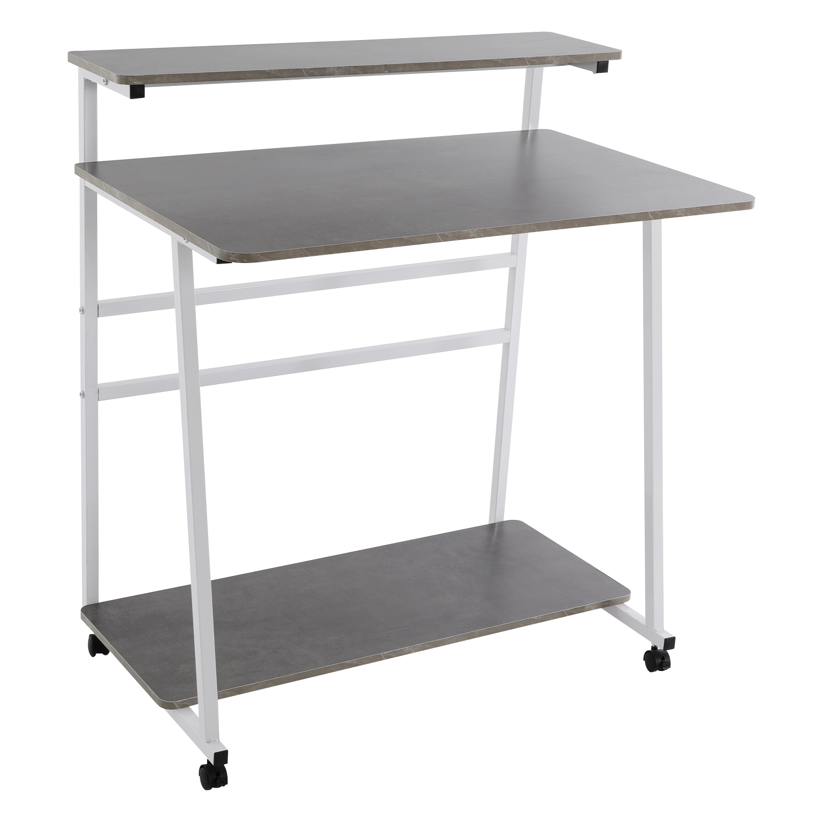 Free Standing Home Office Desk, Rolling 3-Tier Computer Desk (White+Grey)